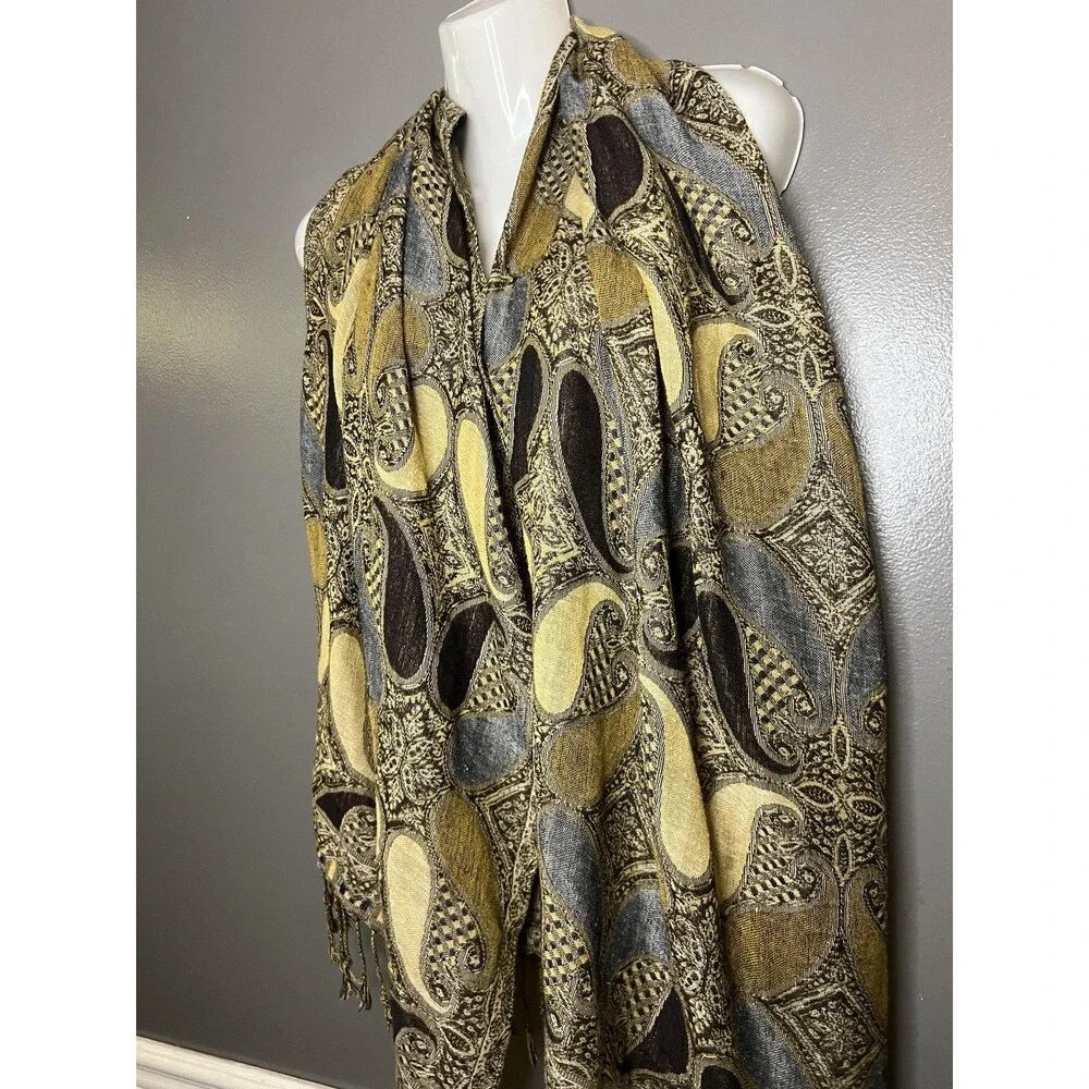 Pashmina Scarf Womens Gold Gray Paisley Cashmere Silk Wrap Shawl Made Italy